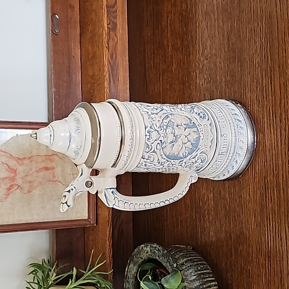 Beautiful vintage handpainted German beer stein in blue and white cherab
